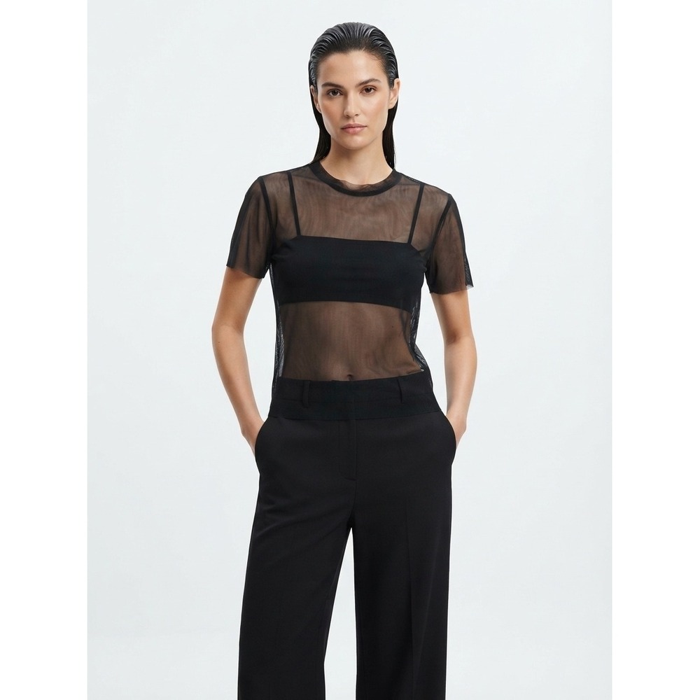 Oak + Fort Sheer Mesh Short Sleeve Tee Top See Through Crew Neck Black One Size